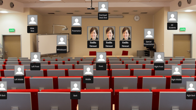 Auditorium with educational session and photos of speakers and participants in the automated system