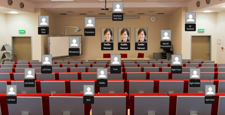 Auditorium with educational session and photos of speakers and participants in the automated system