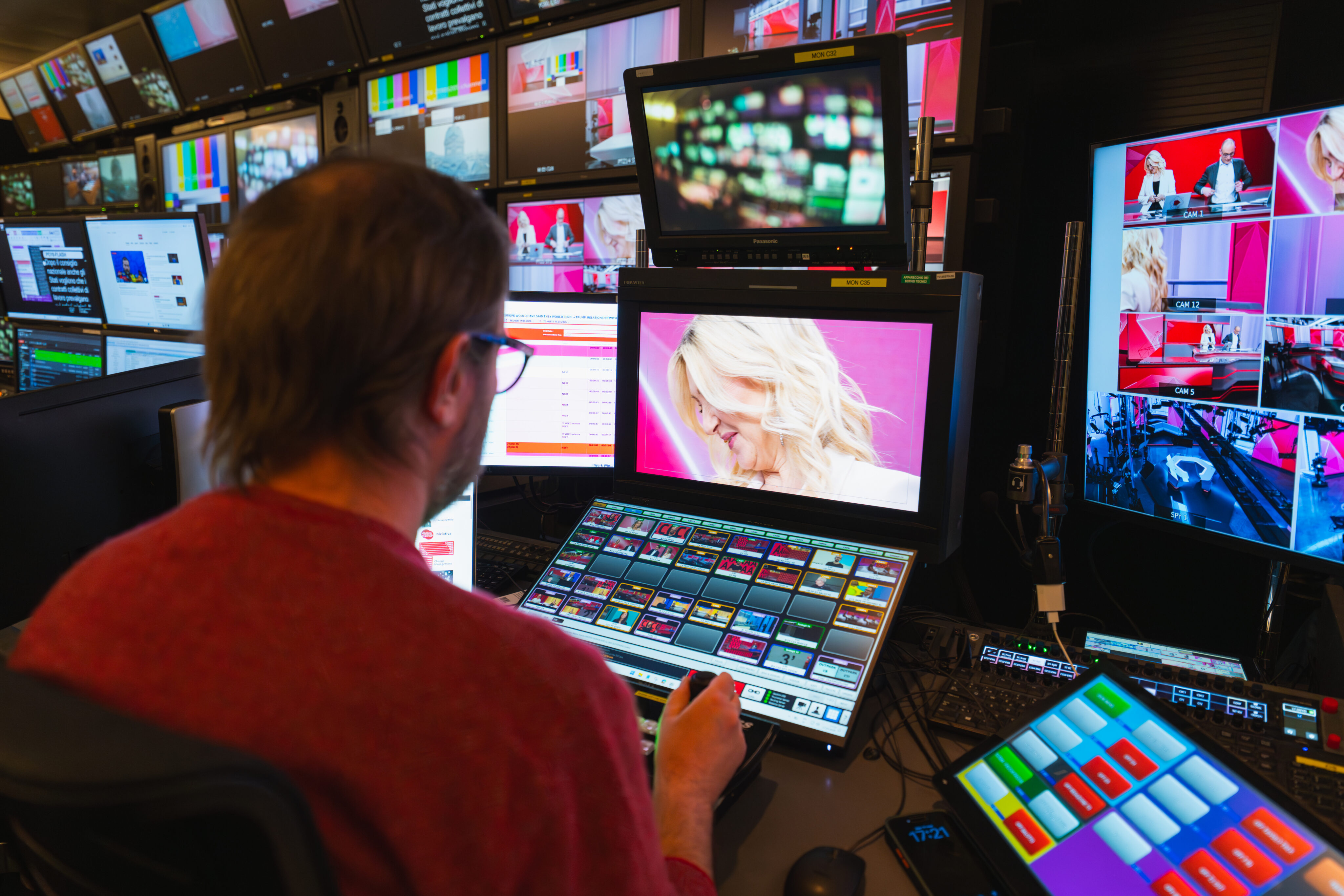 Production operator using Ross Video equipment inside the RSI control room during a live broadcast.